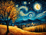 Dark tree above golden fields beneath a swirling blue night sky