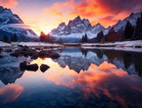 Snow-covered mountain peaks reflected in calm water beneath glowing orange and purple clouds