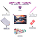 Alpine Reflection diamond painting canvas with tweezers, applicator pen, tray, wax and coloured drills