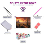 American Wild West diamond painting canvas with tweezers, applicator pen, tray, wax and coloured drills