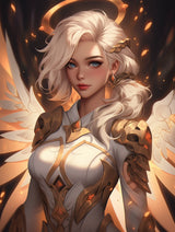 Winged angelic artificer with long pale hair and blue eyes