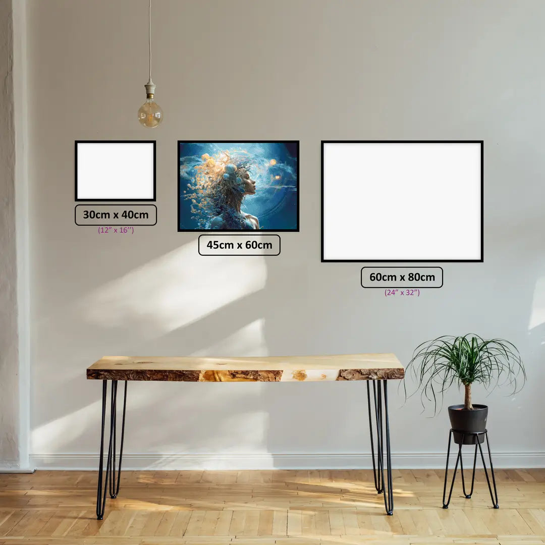 Aquarius' Cosmic Vision diamond painting displayed in a room setting