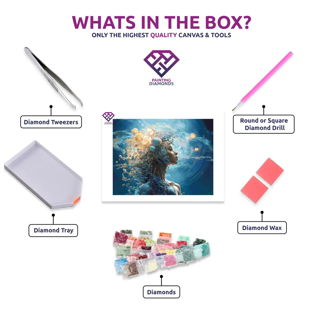 Aquarius' Cosmic Vision diamond painting kit contents shown together
