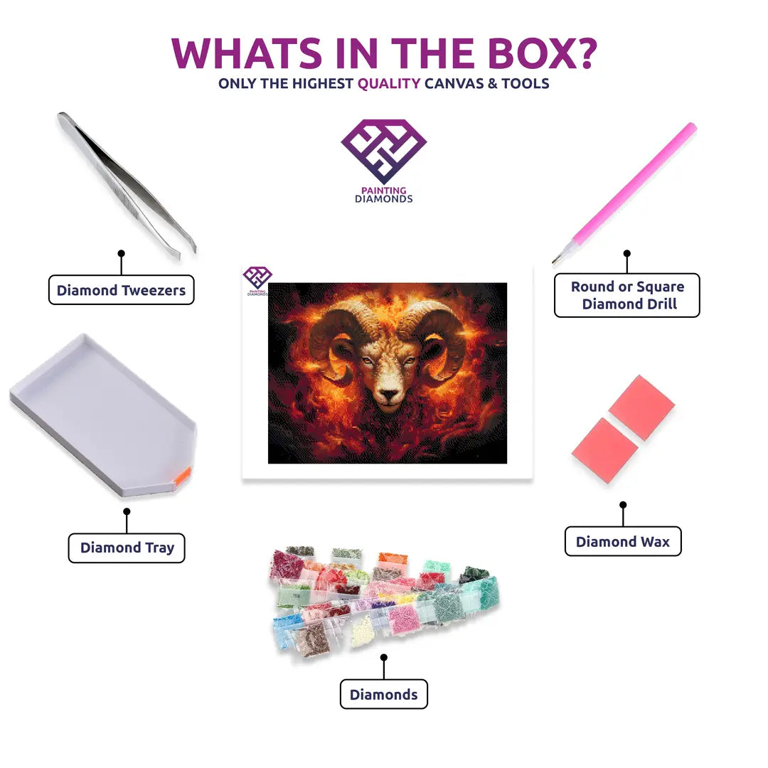 Aries' Fiery Spirit diamond painting kit contents shown together