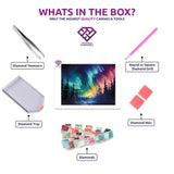Aurora Borealis diamond painting canvas with tweezers, applicator pen, tray, wax and coloured drills