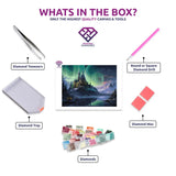 Aurora Fortress diamond painting canvas with tweezers, applicator pen, tray, wax and coloured drills