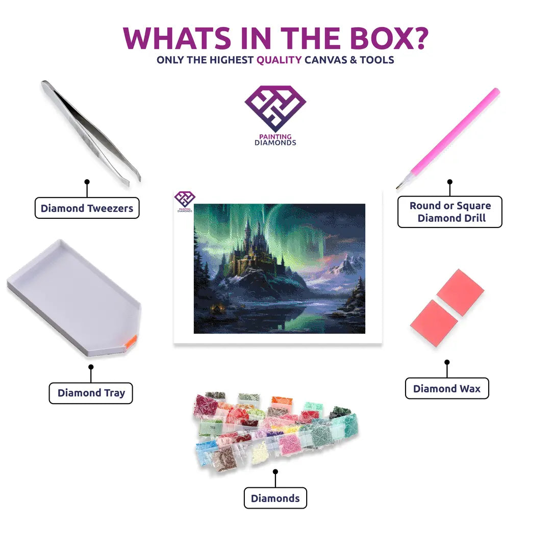 Aurora Fortress diamond painting canvas with tweezers, applicator pen, tray, wax and coloured drills