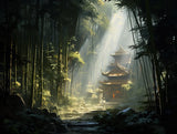 multi-tiered building with curved roofs beneath dense vertical tree and bamboo-like forms fading into haze