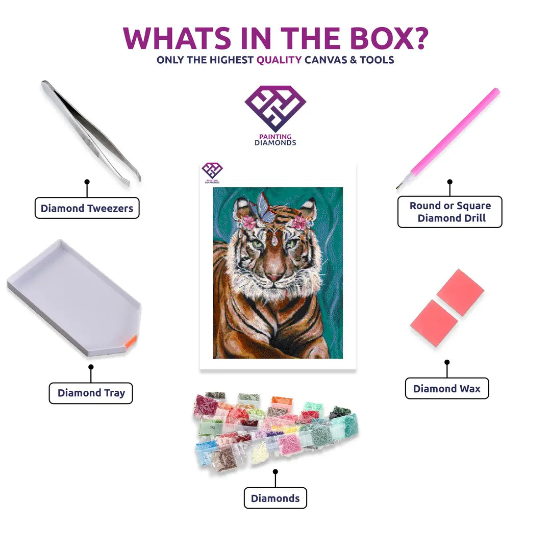Binjai diamond painting kit contents shown together