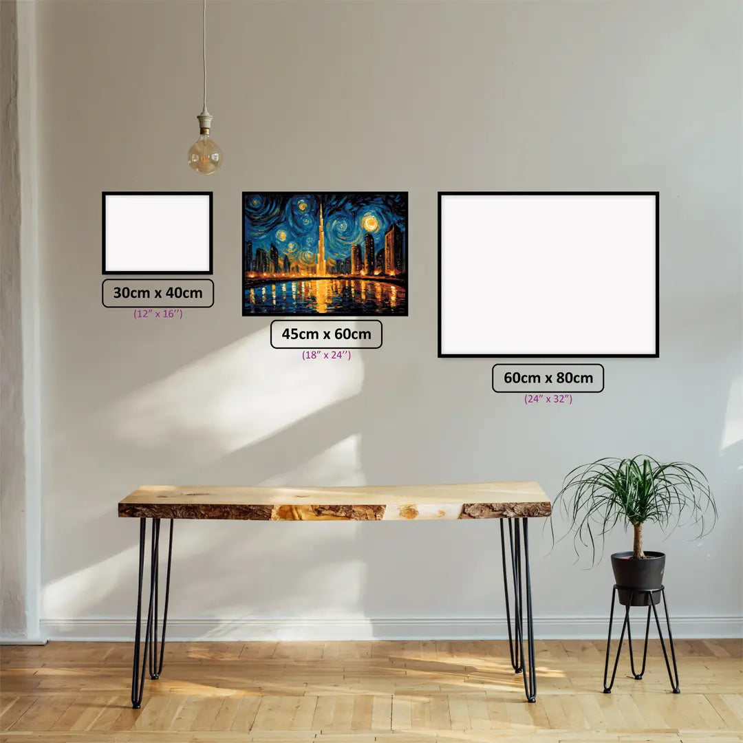 Burj Khalifa Galaxy diamond painting displayed in a room setting