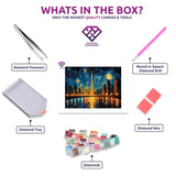 Burj Khalifa Galaxy diamond painting kit contents shown together
