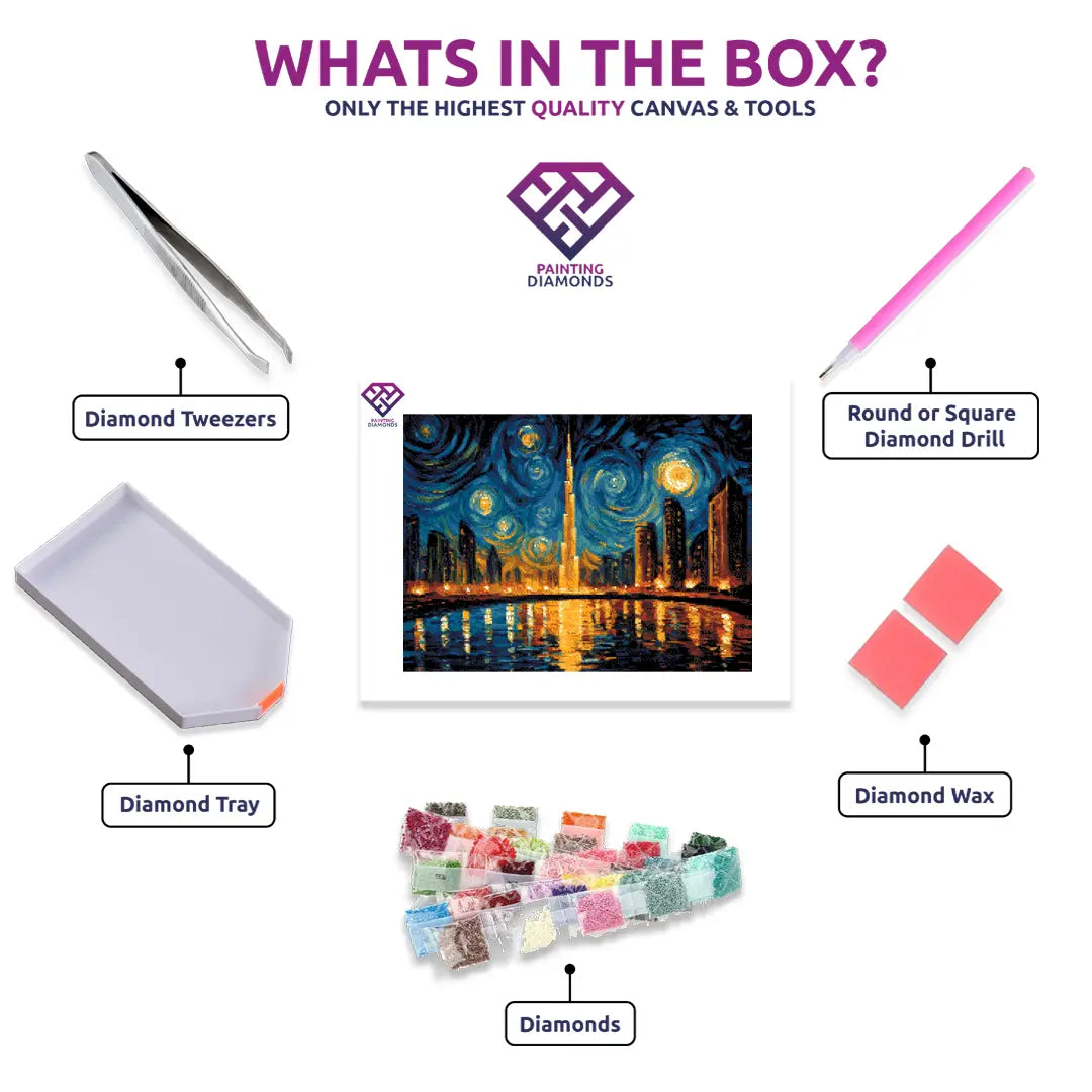 Burj Khalifa Galaxy diamond painting kit contents shown together