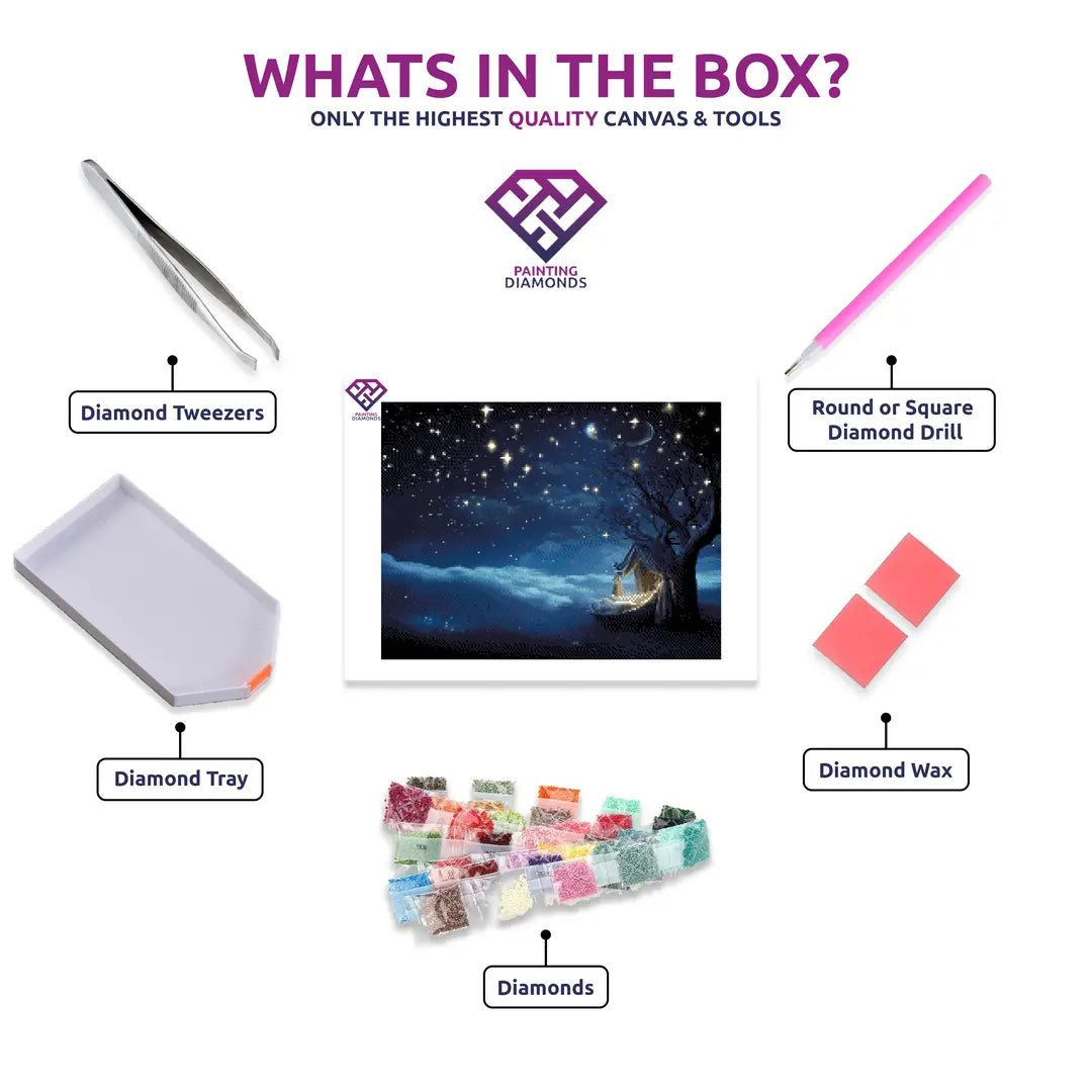 Cancer's Lunar Dreams diamond painting kit contents shown together