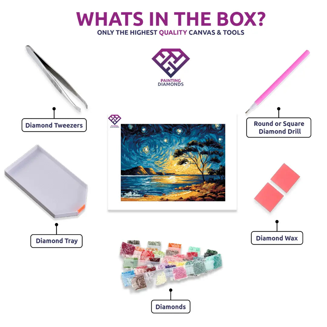 Cape York Twilight diamond painting kit contents shown together