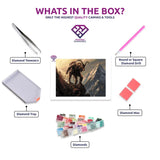 Capricorn's Mountain Ascent diamond painting kit contents shown together