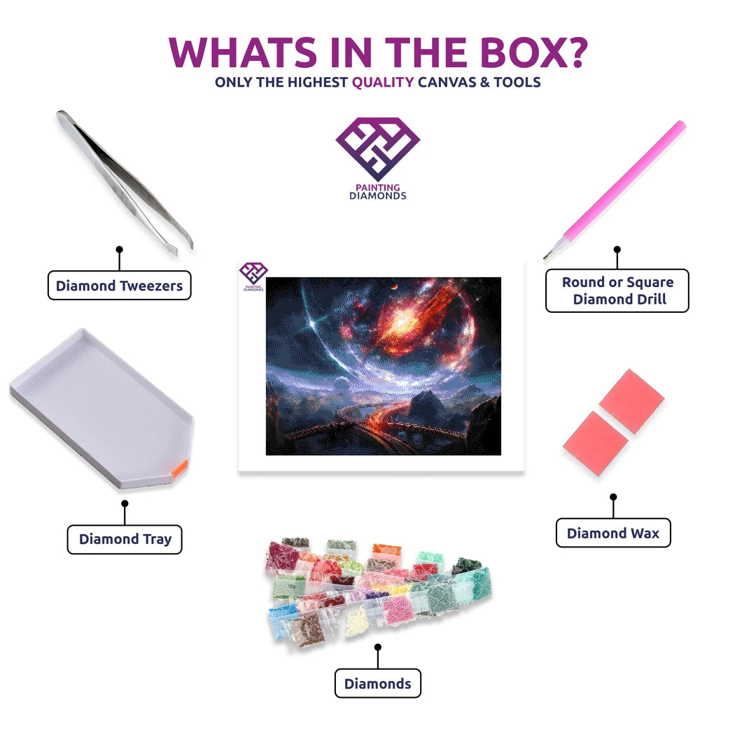 Celestial Voyage diamond painting kit contents shown together