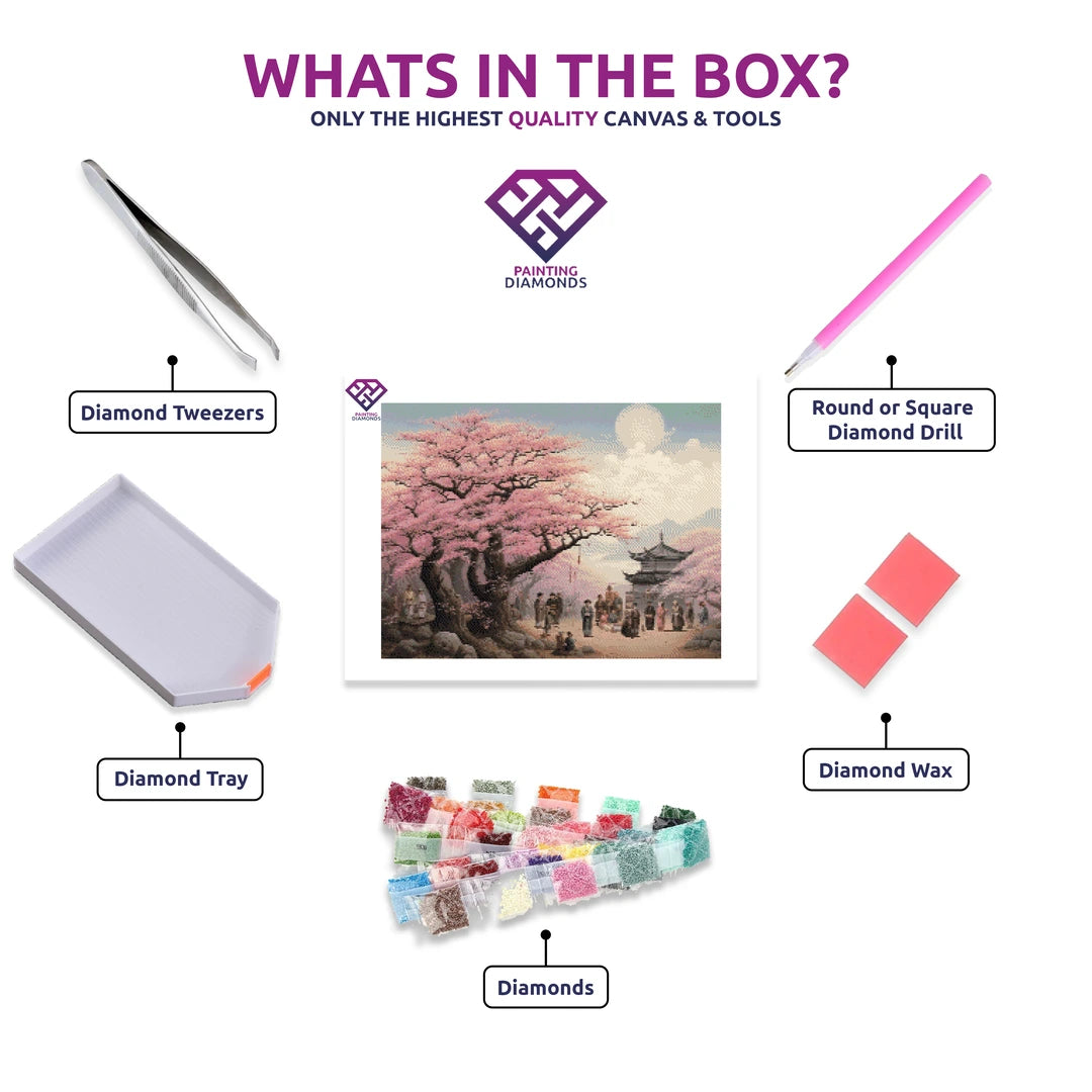 Cherry Blossom Festival diamond painting kit contents shown together