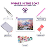Cherry Reverie diamond painting canvas with tweezers, applicator pen, tray, wax and coloured drills