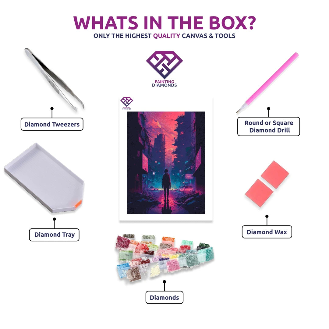 City in Peril diamond painting kit contents shown together