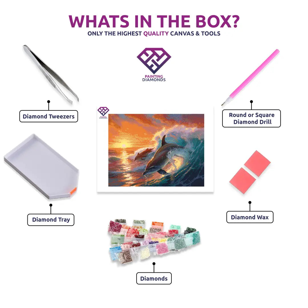 Dolphin Ballet diamond painting kit contents shown together
