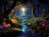 Luminous stream flowing through an enchanted forest in secluded woodland stream surrounded by flowers and moss