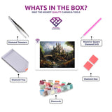 Enchanting Hilltop Castle diamond painting kit contents shown together