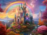 Ornate castle with tall towers and turquoise pointed roofs in fantasy landscape