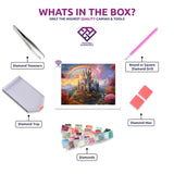 Fairytale Castle diamond painting canvas with tweezers, applicator pen, tray, wax and coloured drills