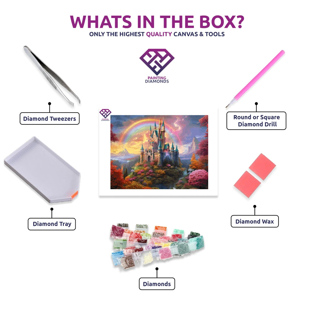 Fairytale Castle diamond painting canvas with tweezers, applicator pen, tray, wax and coloured drills