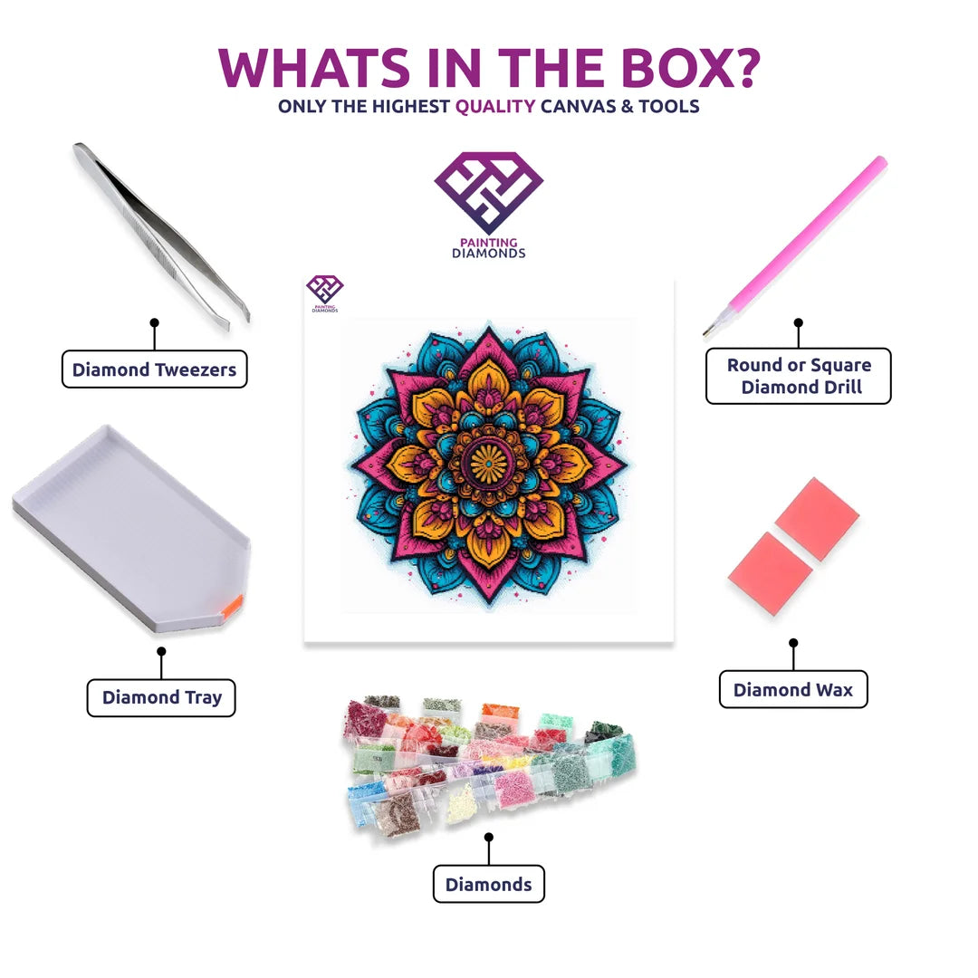 Floral Mandala Bliss diamond painting kit with canvas, drills, tray, pen and wax