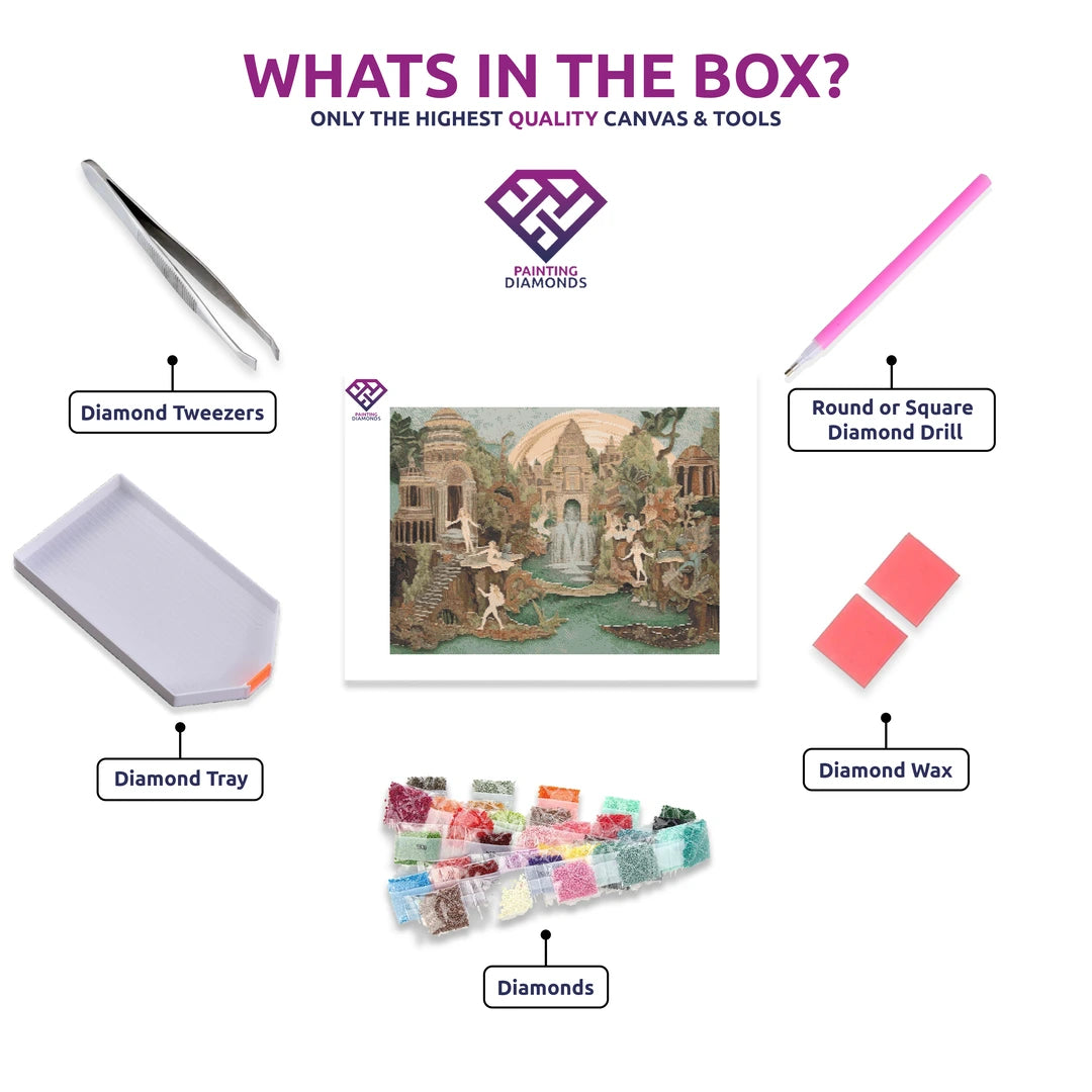 Fountain of Youth diamond painting kit contents shown together