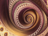 An ornate fractal spiral with repeating burgundy, gold and cream patterned bands