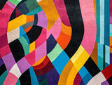 Abstract geometric ribbons in pink, turquoise, orange and yellow with bold black bands