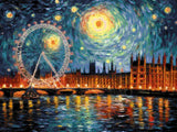 Glowing London Eye artwork shown as a completed diamond painting preview