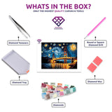 Golden Gate Nights diamond painting kit contents shown together