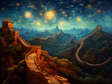 winding crenellated wall with multiple towers in stylised nocturnal mountain landscape