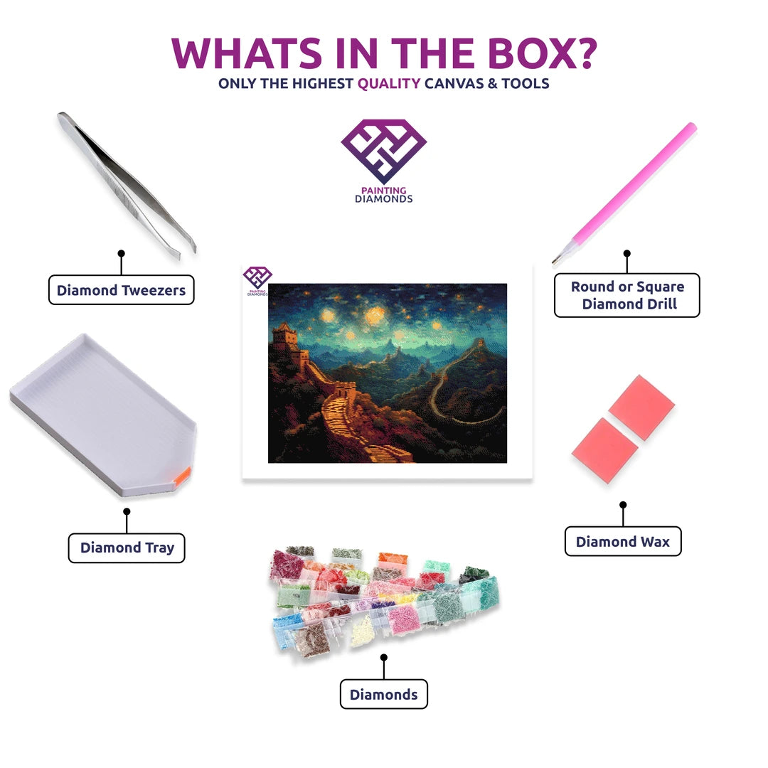 Great Wall in Starry Splendour diamond painting canvas with tweezers, applicator pen, tray, wax and coloured drills