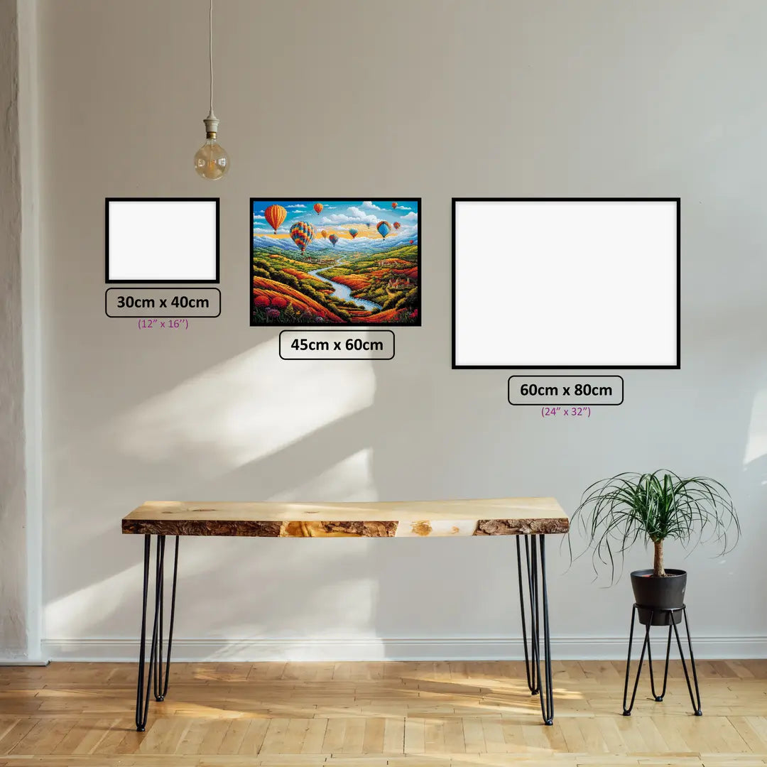 Hot Air Balloons diamond painting displayed in a room setting