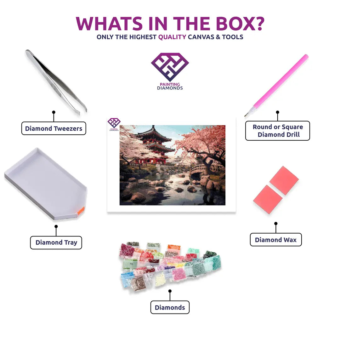 Japanese Cherry Blossoms diamond painting kit contents shown together