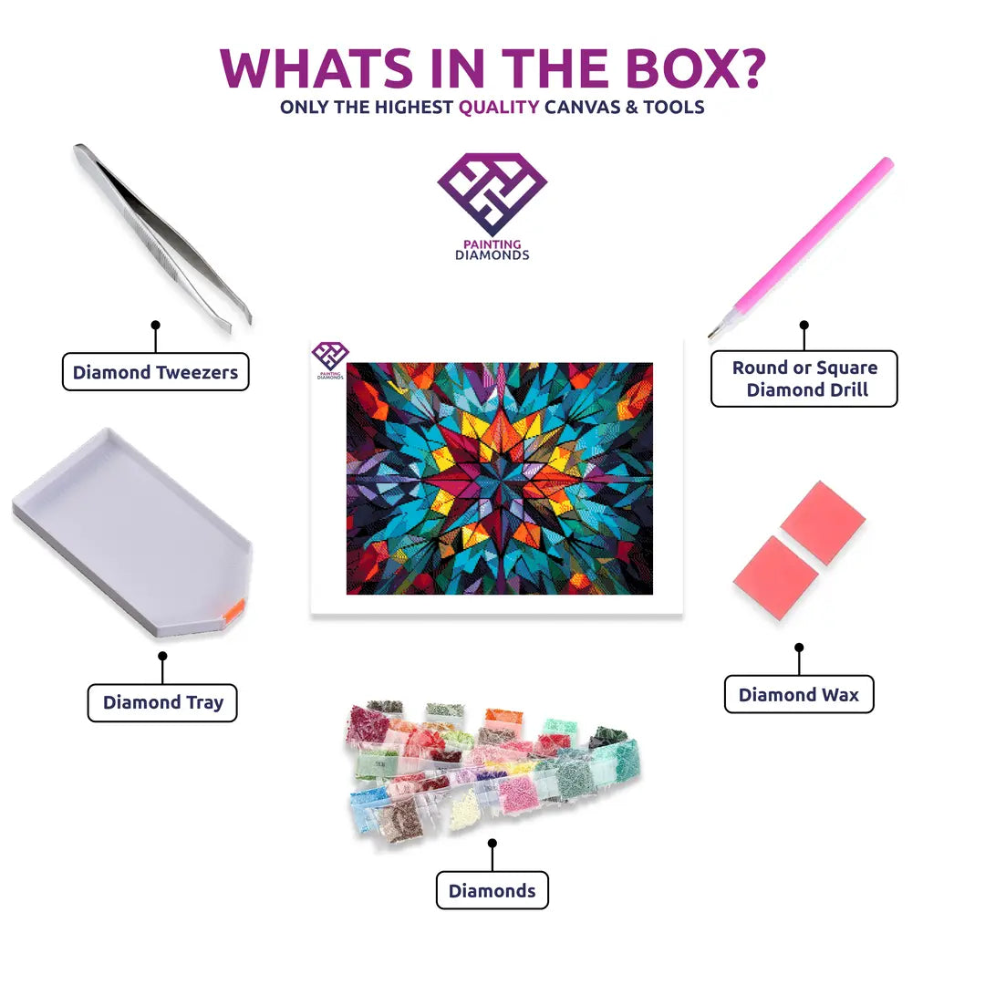 Kaleidoscope diamond painting kit contents shown together