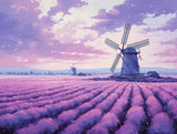 large traditional windmill standing in a purple flowering field windmills stand stationary