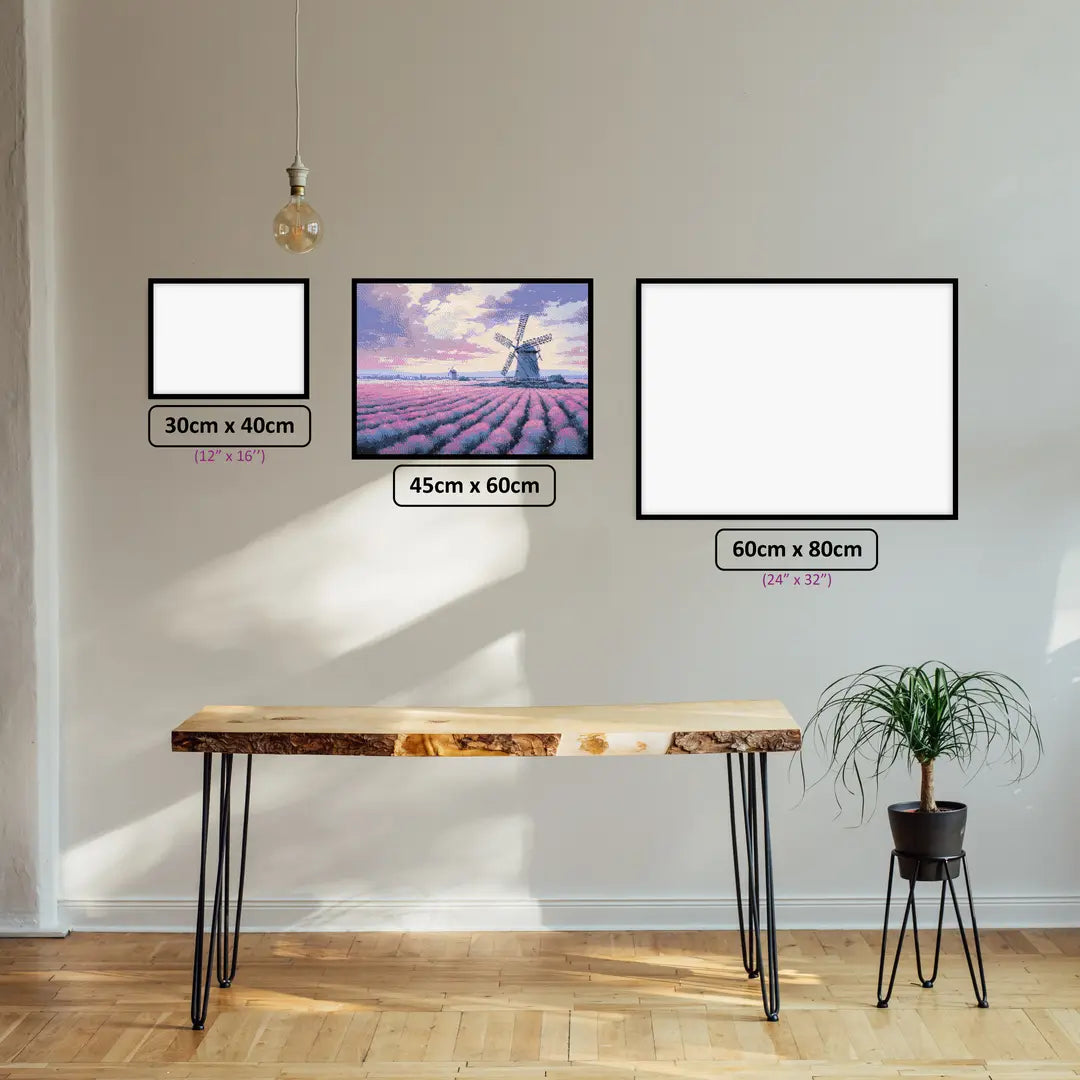 Lavender Breeze diamond painting displayed in a room setting