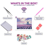 Lavender Breeze diamond painting canvas with tweezers, applicator pen, tray, wax and coloured drills