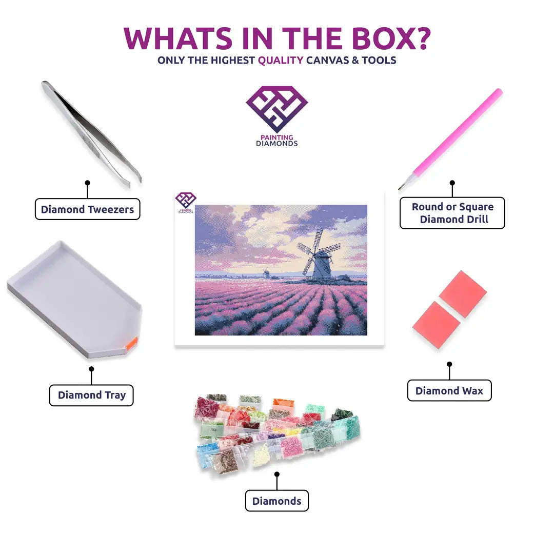 Lavender Breeze diamond painting canvas with tweezers, applicator pen, tray, wax and coloured drills