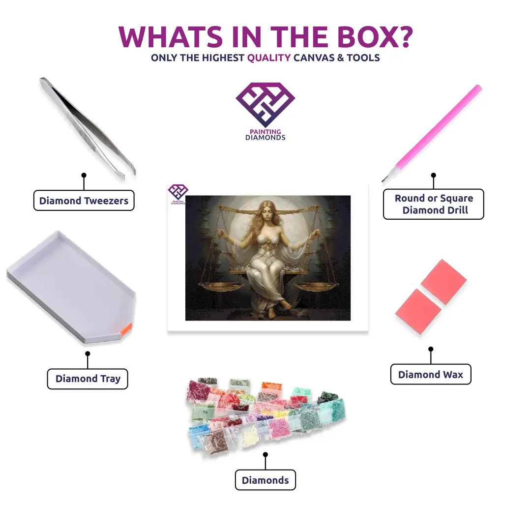 Libra's Balance of Beauty diamond painting kit contents shown together