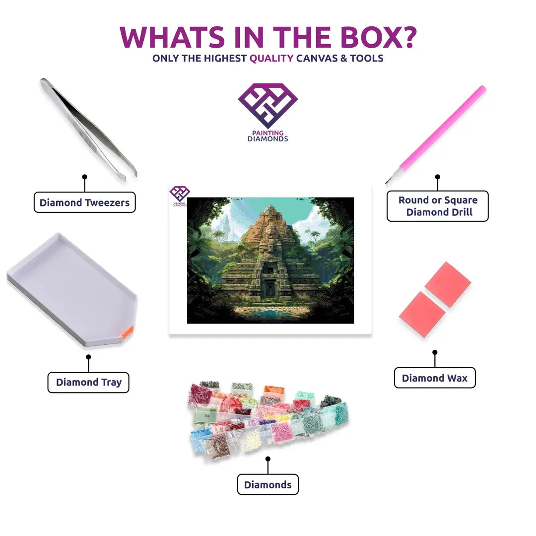 Mayan Mysteries diamond painting kit contents shown together