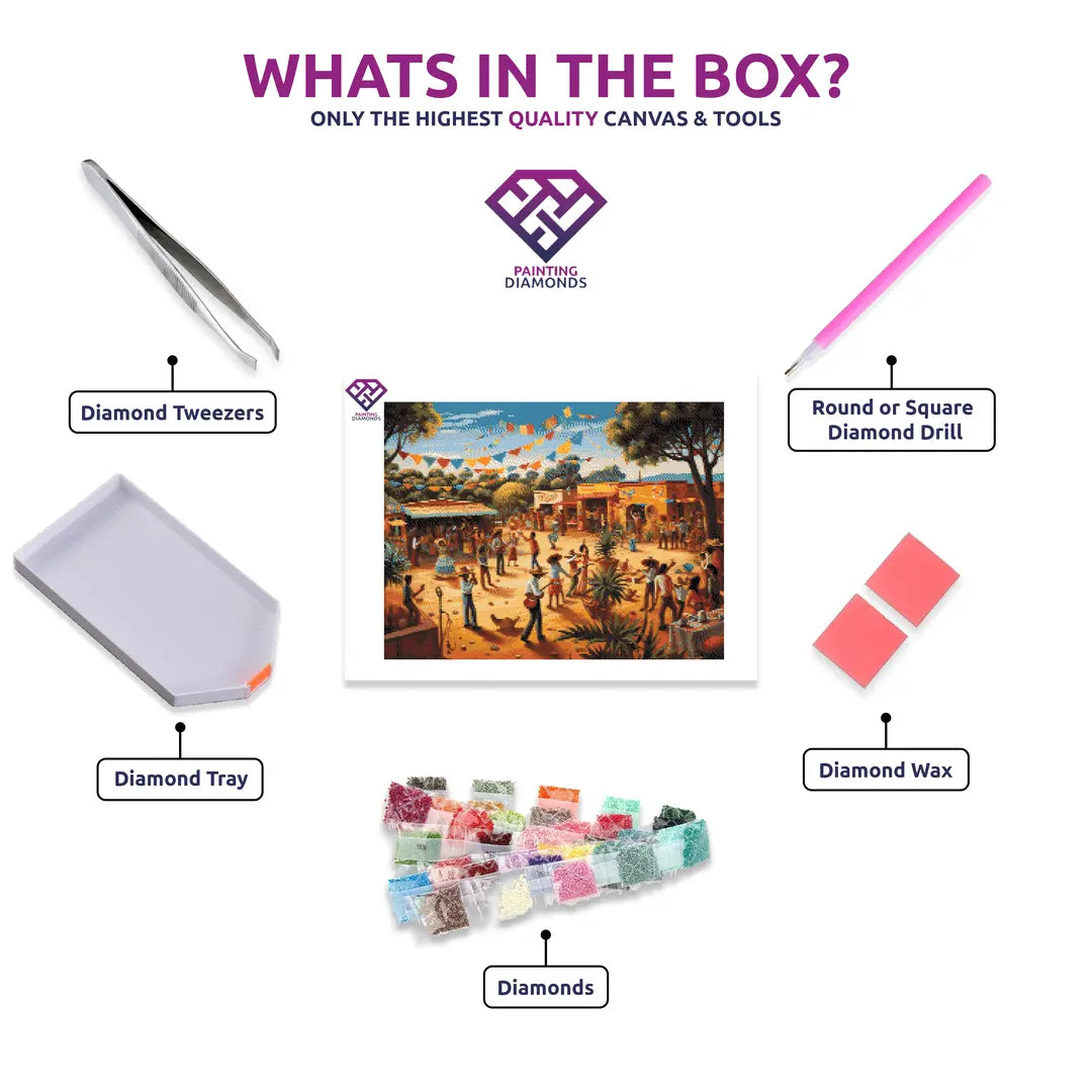Mexican Fiesta diamond painting kit contents shown together