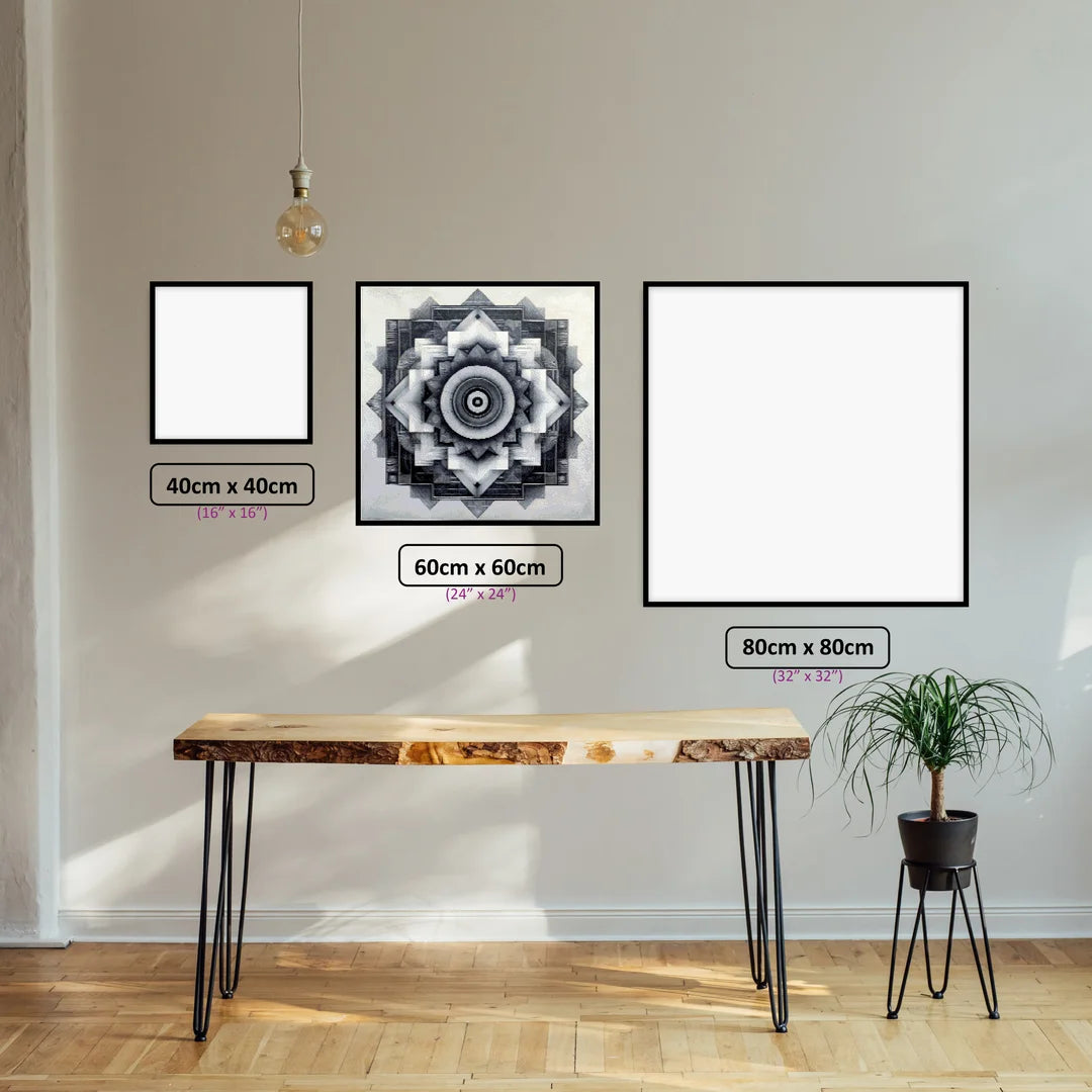 Monochromatic Geometric Mandala diamond painting displayed in a room setting