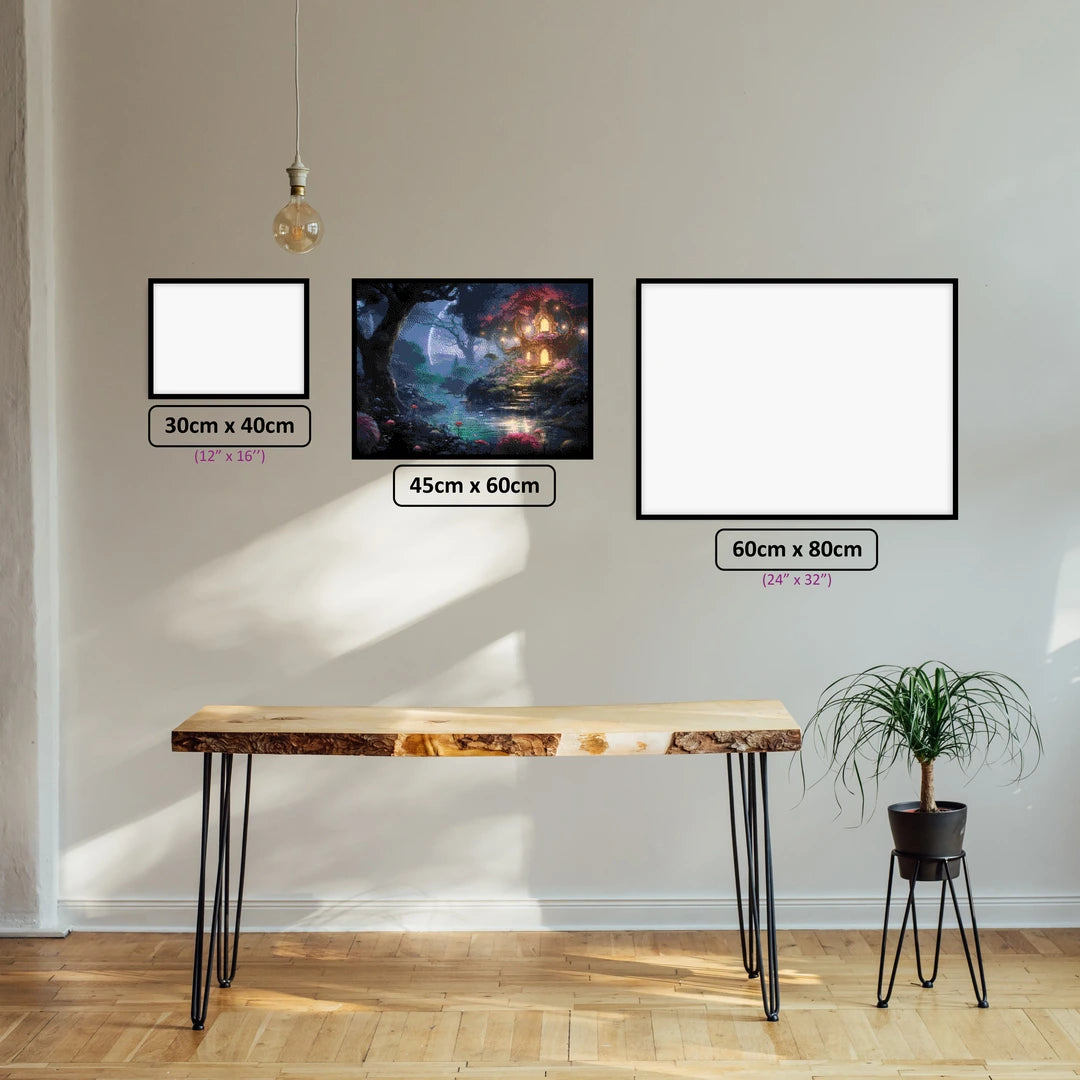 Moonlit Garden diamond painting displayed in a room setting