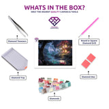 Moonlit Garden diamond painting canvas with tweezers, applicator pen, tray, wax and coloured drills